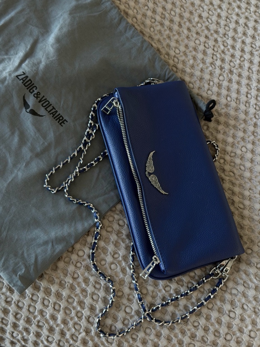 Zadig & Voltaire Navy Leather Rock Clutch with Silver Wing Detail - Picture 3 of 8